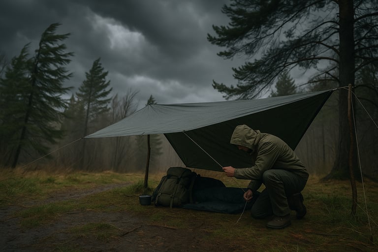 Solo camper inspecting lean-to tarp shelter under cloudy skies for weatherproof survival