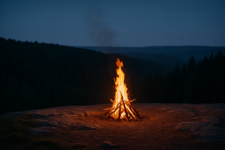 Large survival campfire burning on rocky outcrop with forest view at dusk