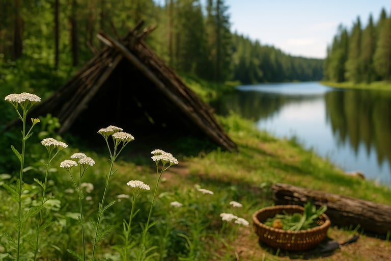 Lean-to shelter in wilderness with edible wild plants in foreground and forest lake behind