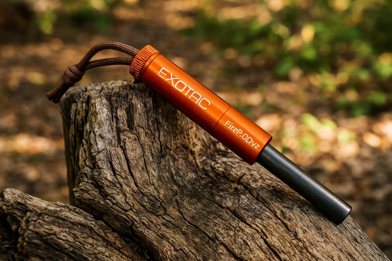 Exotac fireROD V2 orange survival fire starter on tree branch in forest sunlight