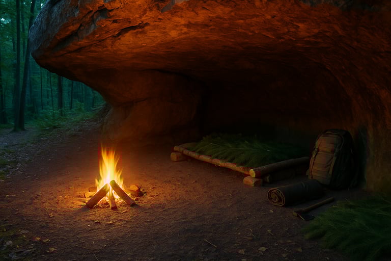 Wilderness cave shelter lit by fire with bushcraft bedroll and survival gear in dark forest setting