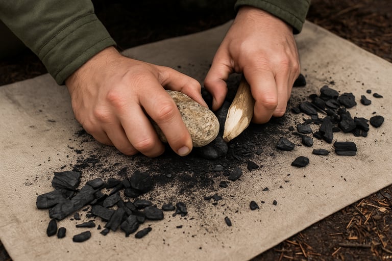 Crushing survival charcoal with stones for bushcraft fire starting filtration and biochar made in the wilderness