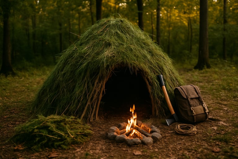 Natural debris hut covered in moss and branches with campfire outside
