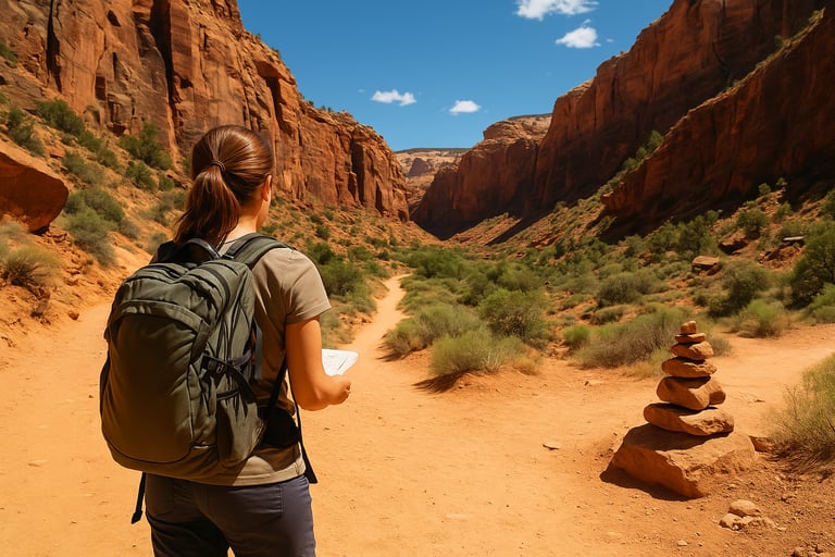 Hiker walking near cairns in canyon trail, using natural markers for navigation and desert survival routes