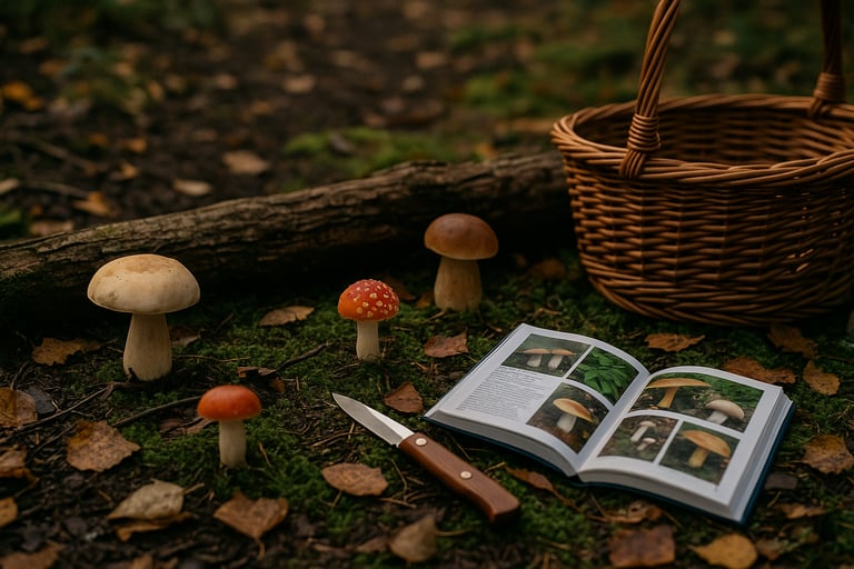 Field guide and knife next to colorful mushrooms on forest floor showing edible and poisonous ID study