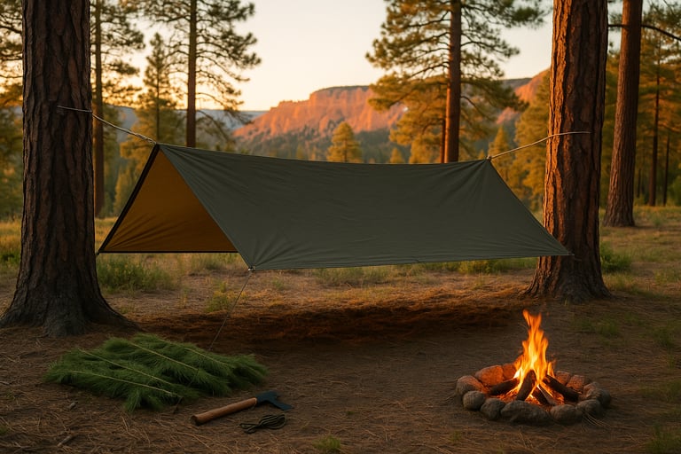 Tarp shelter setup over fire pit in pine forest during golden hour
