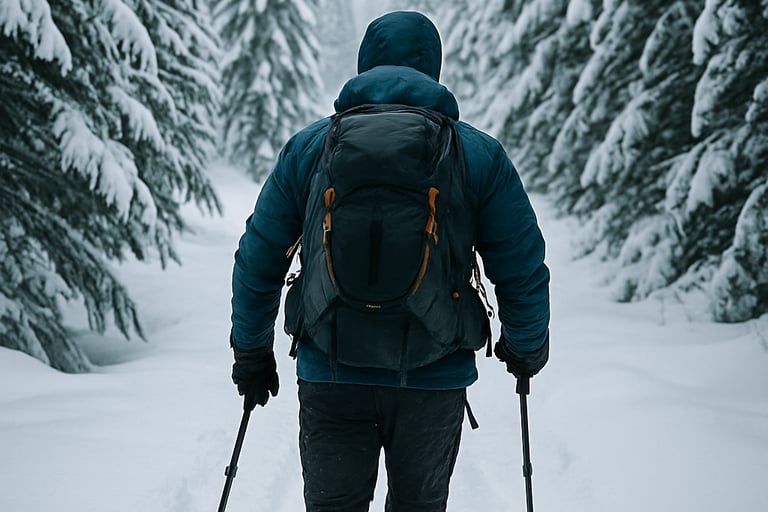 Winter hiker trekking through snowy forest trail with poles and gear