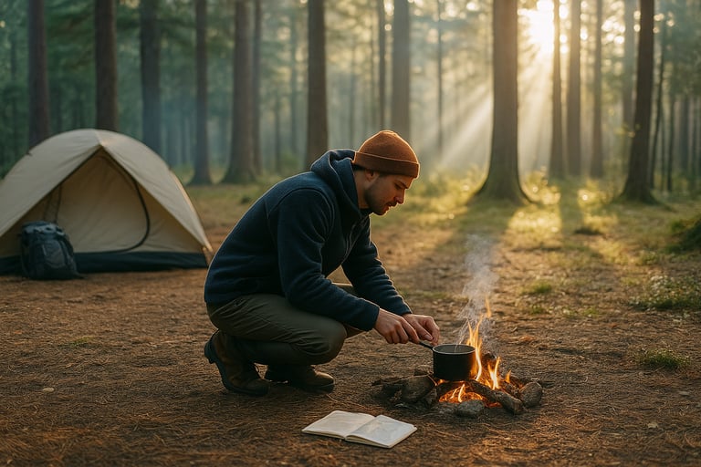 Camper kneeling at fire in forest next to tent preparing for warmth food and survival in early morning wilderness setting