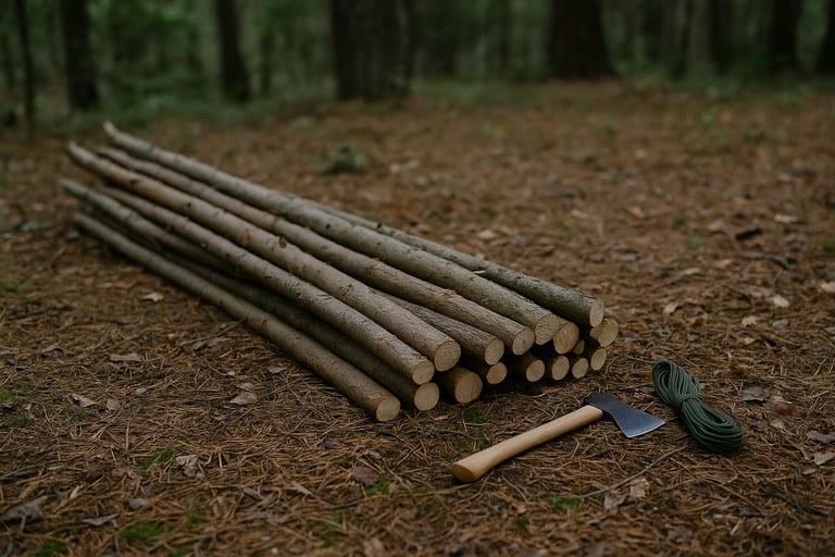 Logs and axe laid out for building survival shelter