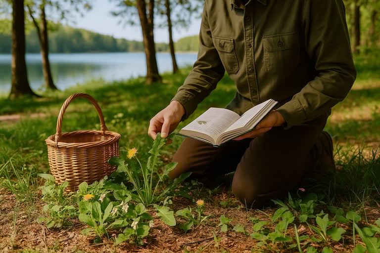 Forager kneeling by lake identifying edible wild plants with guidebook and woven basket