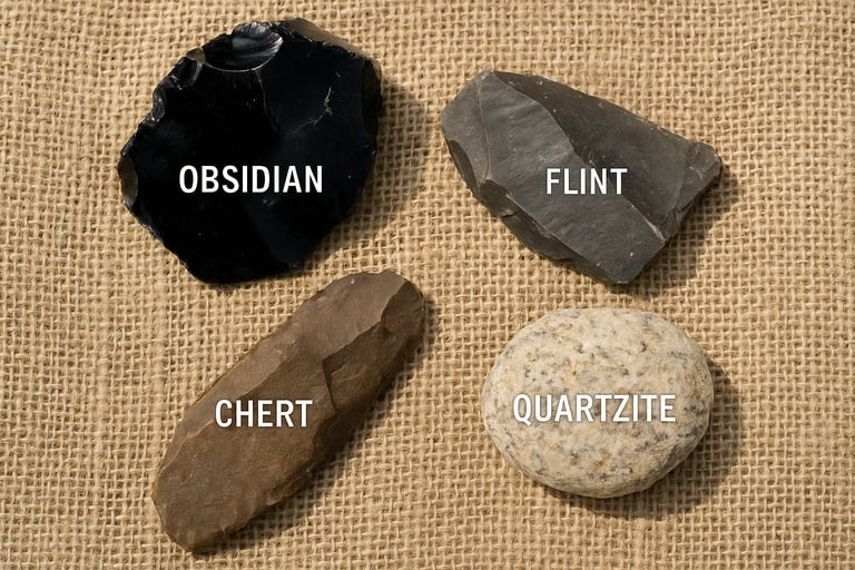 Collection of survival cutting stones including obsidian chert flint and quartzite for primitive tool crafting