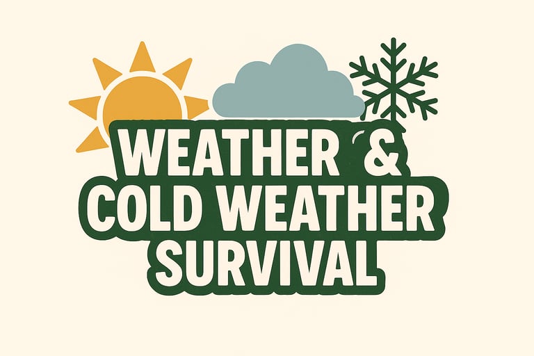 Weather Survival banner with sun, cloud, snowflake — cold weather prepping, outdoor survival in harsh climate header image
