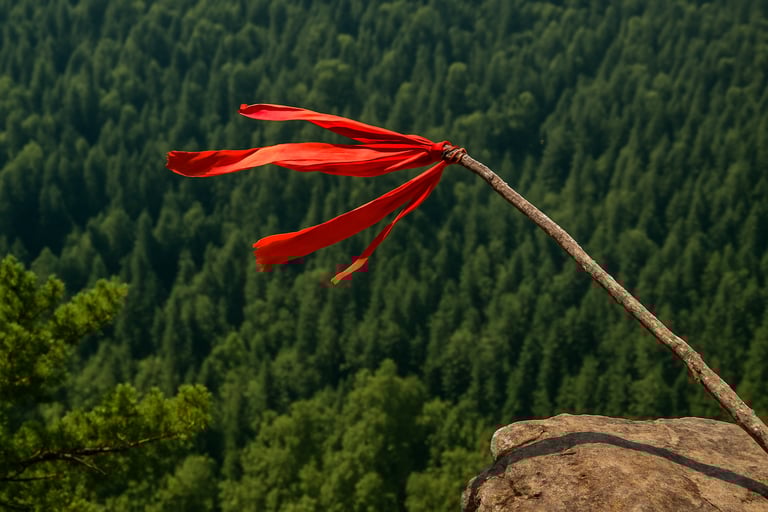 Red survival flag waving on long stick against mountain forest backdrop