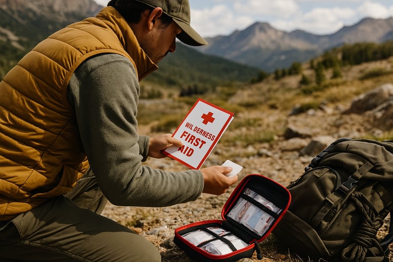 Man preparing first aid kit for outdoor emergency treatment