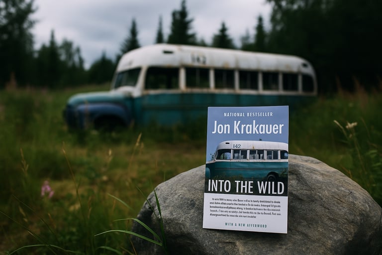 Into the Wild by Jon Krakauer in front of the iconic wilderness bus on forest road