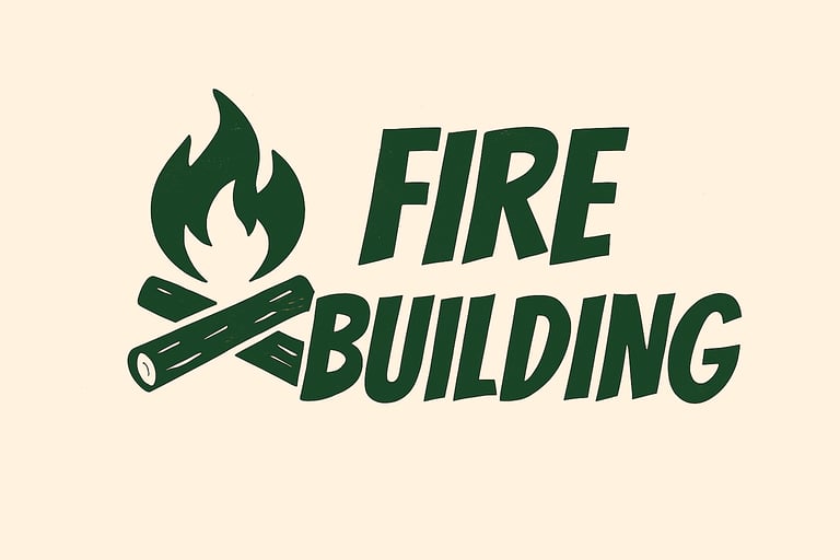 Fire Building category header with campfire icon and logs, focused on wilderness fire making, survival heat sources, outdoor 