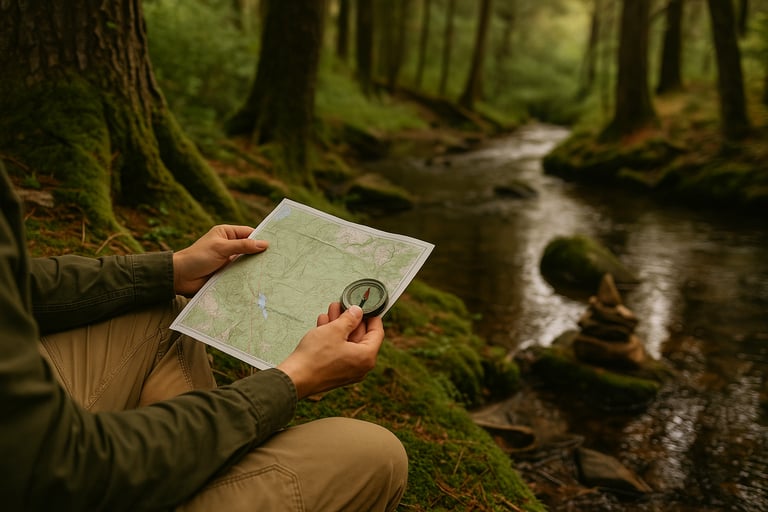 Map and compass in hand beside river in forest, showing practical land navigation and survival gear use