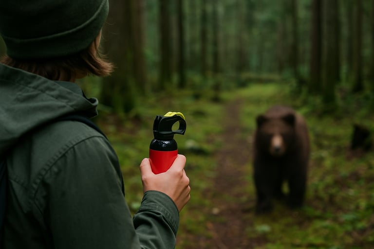 Person using bear spray in wilderness to deter charging bear during emergency wildlife survival encounter in the forest