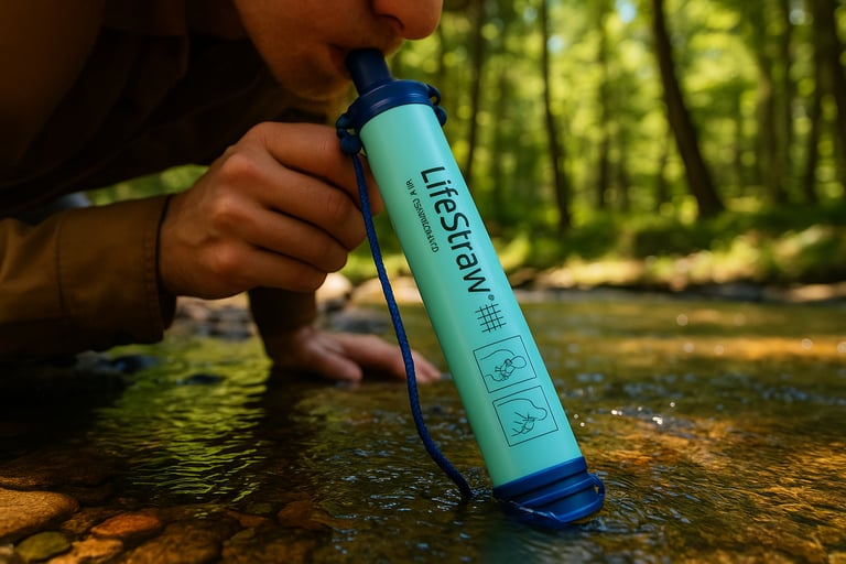 Hiker drinking from stream using blue LifeStraw water filter straw for safe wilderness hydration