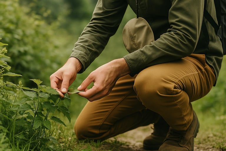 Forager identifying wild edible plants while crouching in greenery