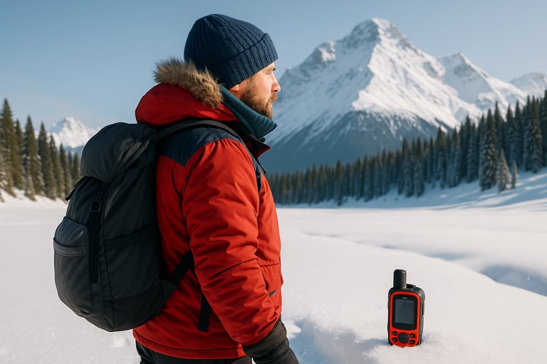 Hiker in red jacket with GPS in snowy mountains, essential gear for backcountry navigation and cold weather safety