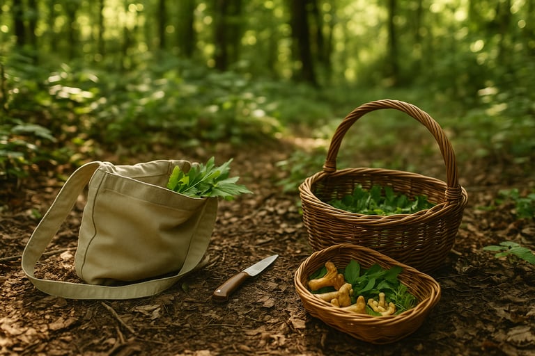  Two baskets and a knife on forest floor full of foraged greens and mushrooms for wilderness cooking