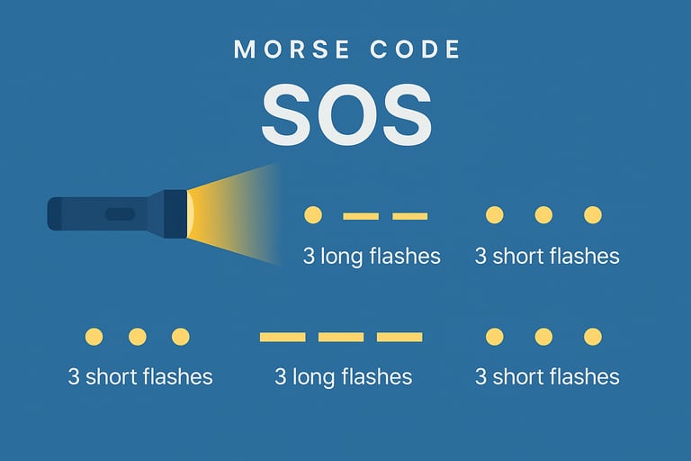 Morse code SOS signal chart using flashlight flashes for emergency communication