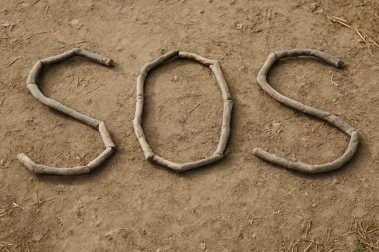 SOS spelled out with sticks in dirt as emergency distress signal
