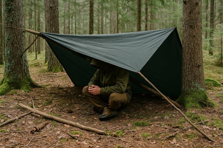 Tarp lean-to shelter setup in dense forest terrain