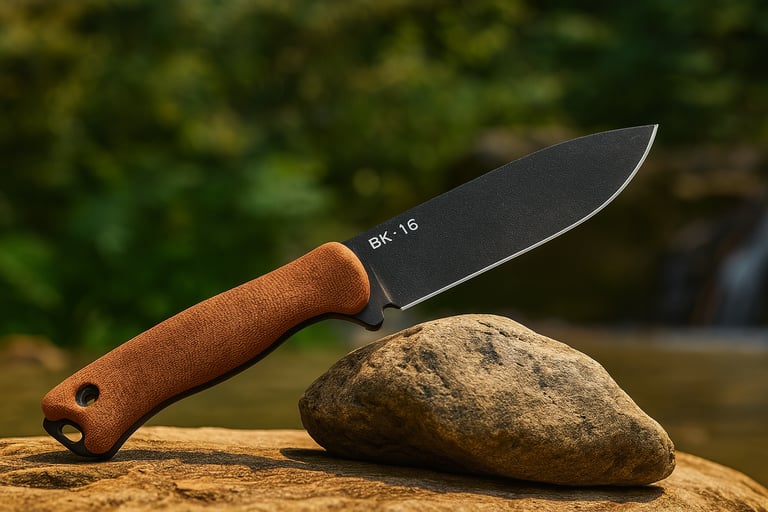 KA-BAR BK16 bushcraft survival knife with brown handle on rock near water