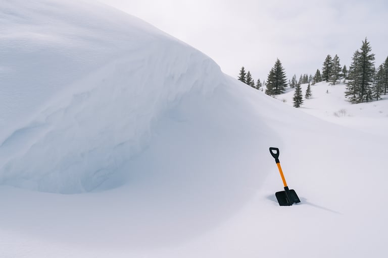 Winter wilderness shelter prep with untouched snow pile and survival shovel before constructing quinzee or snow cave
