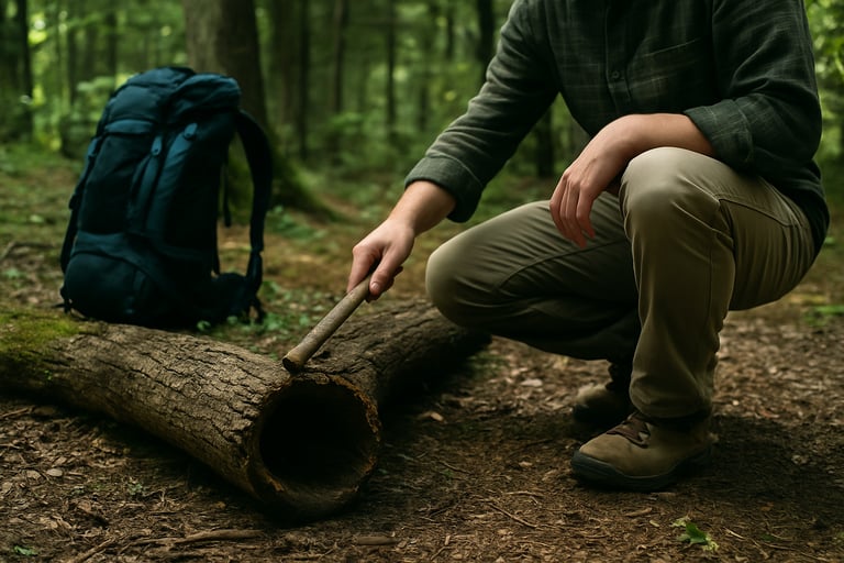 Forest survival drill showing man inspecting log for making friction fire