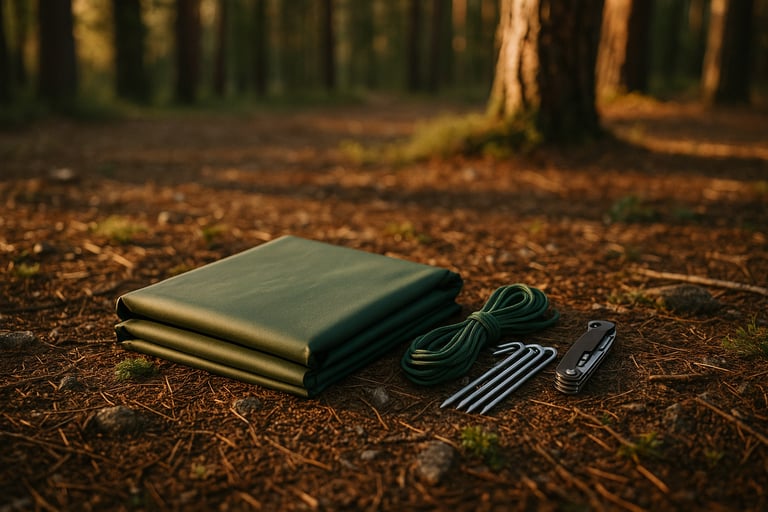 Bushcraft tarp shelter kit with green tarp, paracord, stakes, and stakes bag on forest floor