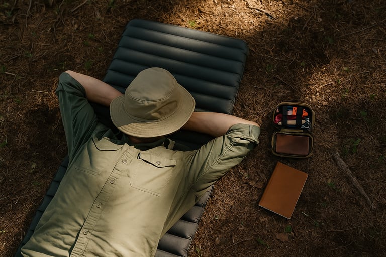 Man relaxing in sleeping bag outdoors with survival kit nearby taking a break after setting up wilderness base camp
