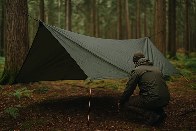 Camper setting up tarp shelter for wilderness camping in forest