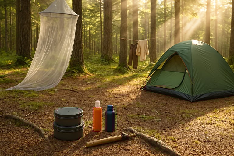 Forest campsite with bug net gear bottles and tent set up in wilderness for backcountry survival and mosquito protection