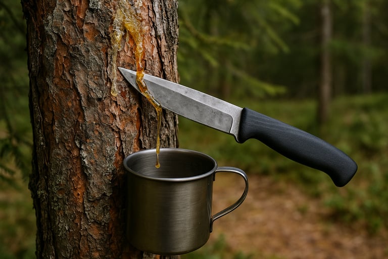 Survival knife collecting pine sap into metal camping mug from tree bark