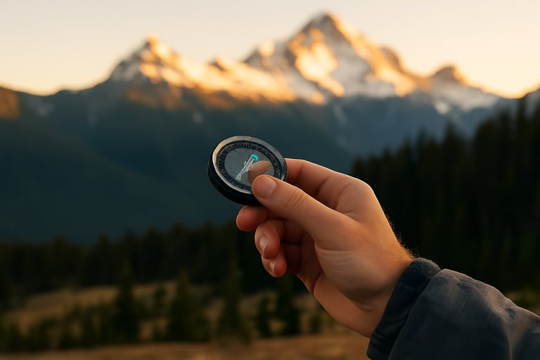 Hand holding compass with mountain range in distance, practicing wilderness direction finding in alpine terrain