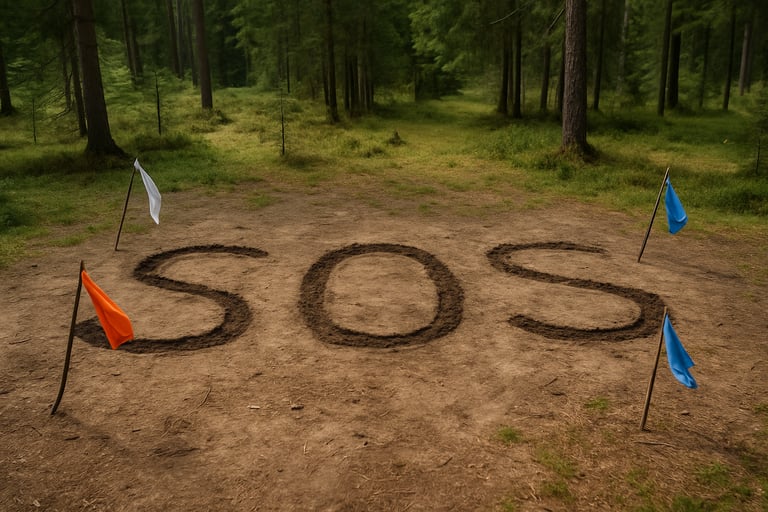 SOS message written in dirt with flags in forest clearing to signal for emergency help