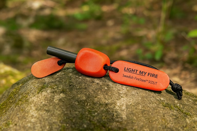 Light My Fire Swedish FireSteel with orange handle on mossy rock for emergency fire