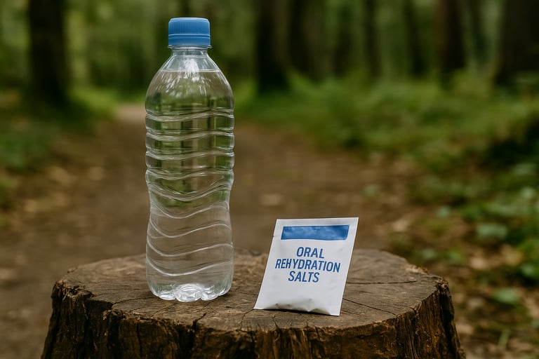 Water bottle and oral rehydration salts sitting on tree stump