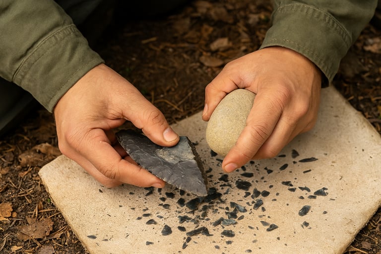 Primitive flint knapping process using stone tools to chip sharp edges for wilderness survival blades and tools
