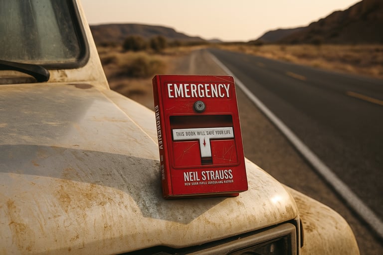 Emergency book by Neil Strauss on dusty truck hood along remote road