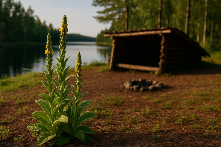 Wild white flowers and plantain leaves near lake beside rustic foraging shelter and wooded area