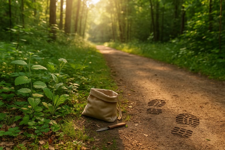 Abandoned foraging tools and footprints on forest trail showing tracking and navigation clues