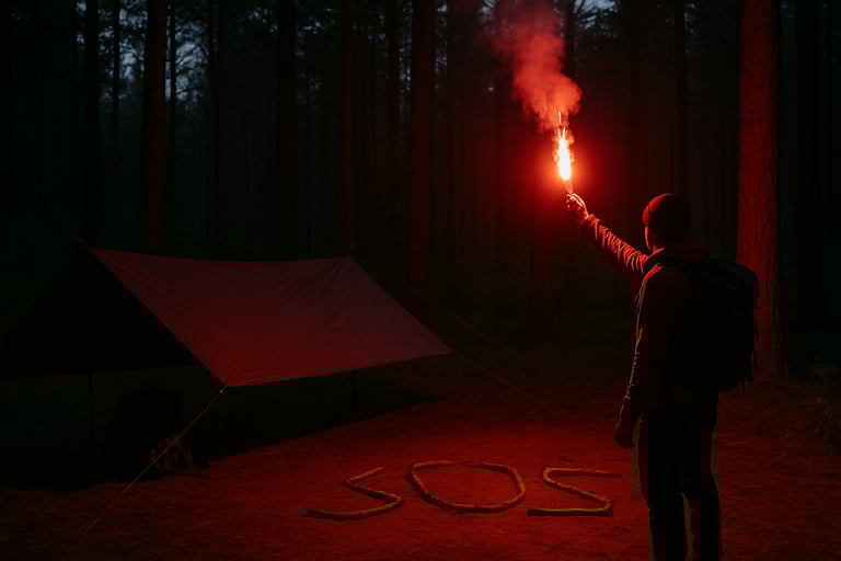Camper holding red flare by tent at night with SOS letters in dirt for distress signal