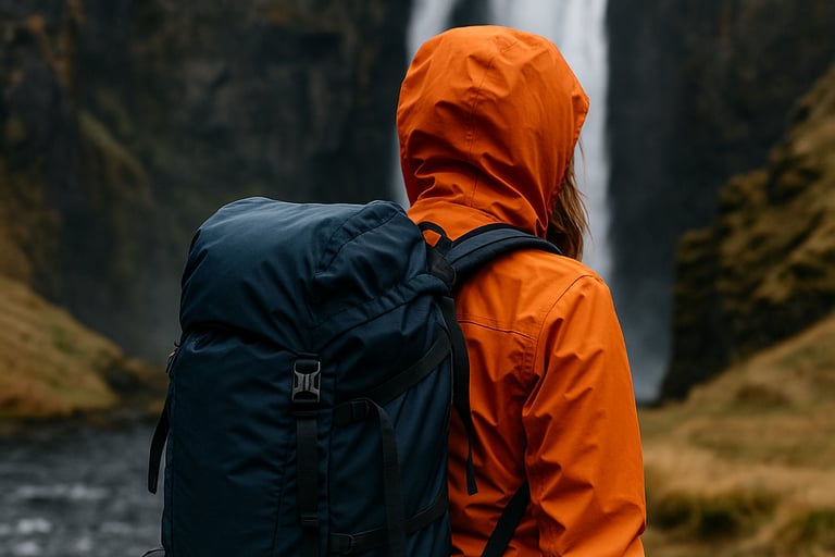 Solo hiker in orange jacket facing tall waterfall, awe-inspiring wilderness landscape representing survival journey