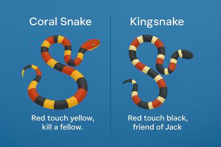 Coral snake and kingsnake visual comparison chart with color pattern guide for identifying venomous snakes in wild