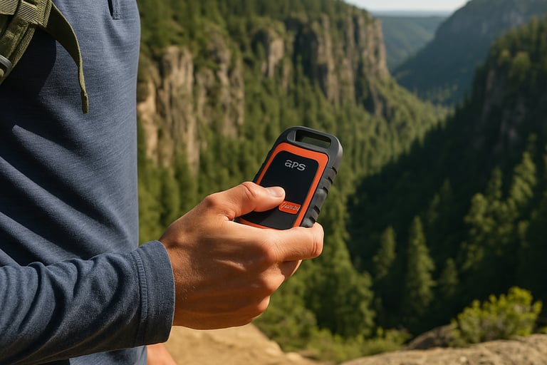 Hiker using handheld GPS beacon on mountain trail for emergency satellite tracking