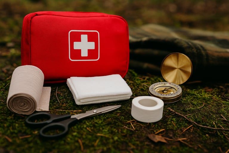 Wilderness first aid kit with medical supplies on forest floor, showing essential gear for outdoor emergencies